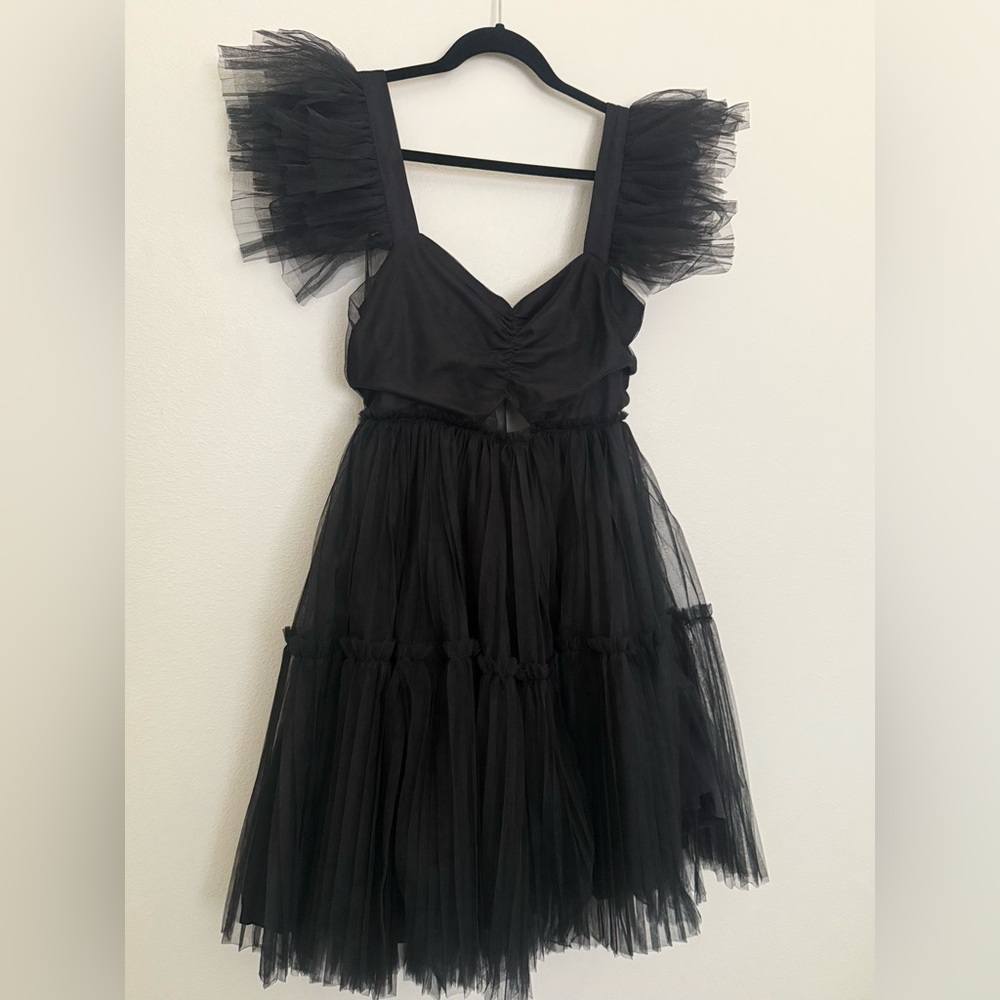 Impressions Black Layered Tulle Dress with Ruffle Straps & Bow Tie Back | Large